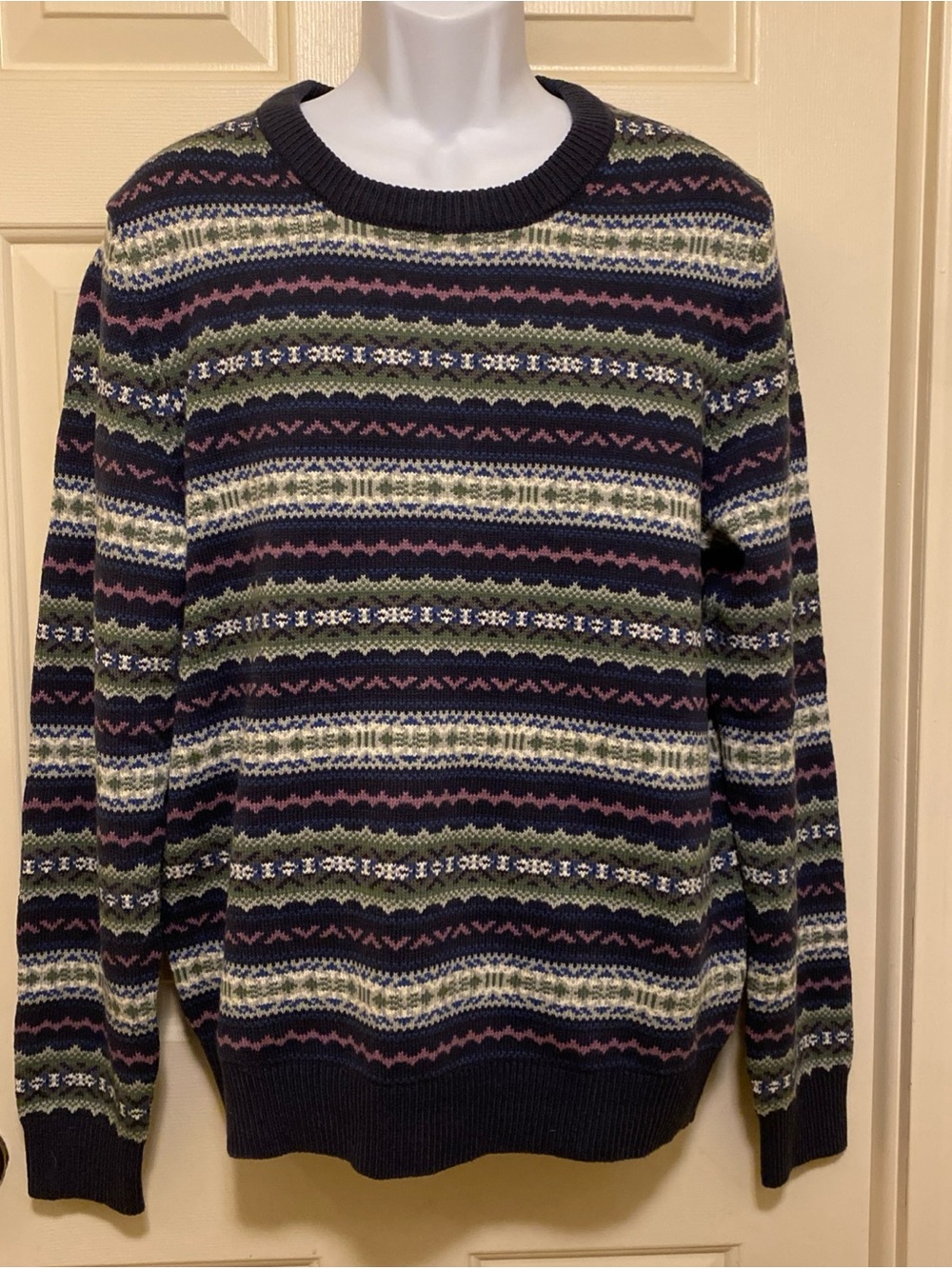 Izod Navy Multicolor Fair Isle Crewneck Sweater